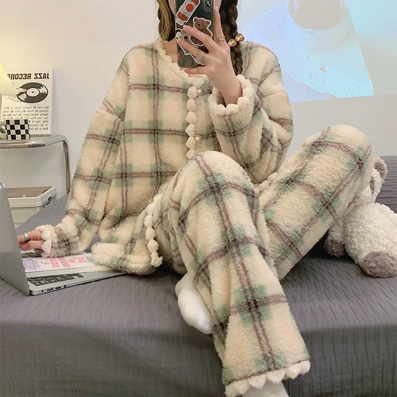 

Pajama Lady Flannel Autumn Winter Cute Korean Version Outside Student Dormitory Coral Fleece Homewear Set Women Sleepwear Pijama