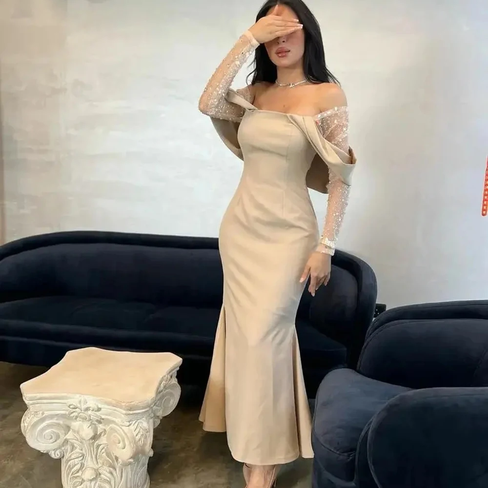 

Customized Sheath Fashion Evening Dresses Off The Shoulder Backless Full sleeves Party Gowns pleat see-Through sleeves Dress