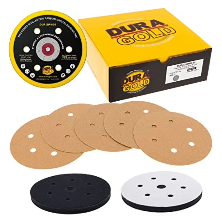 

6-дюймовые шлифовальные круги - зернистость 80, с креплением на липучке, опорная тарелка для DA-шлифовальных машин и промежуточная прокладка мягкой плотности