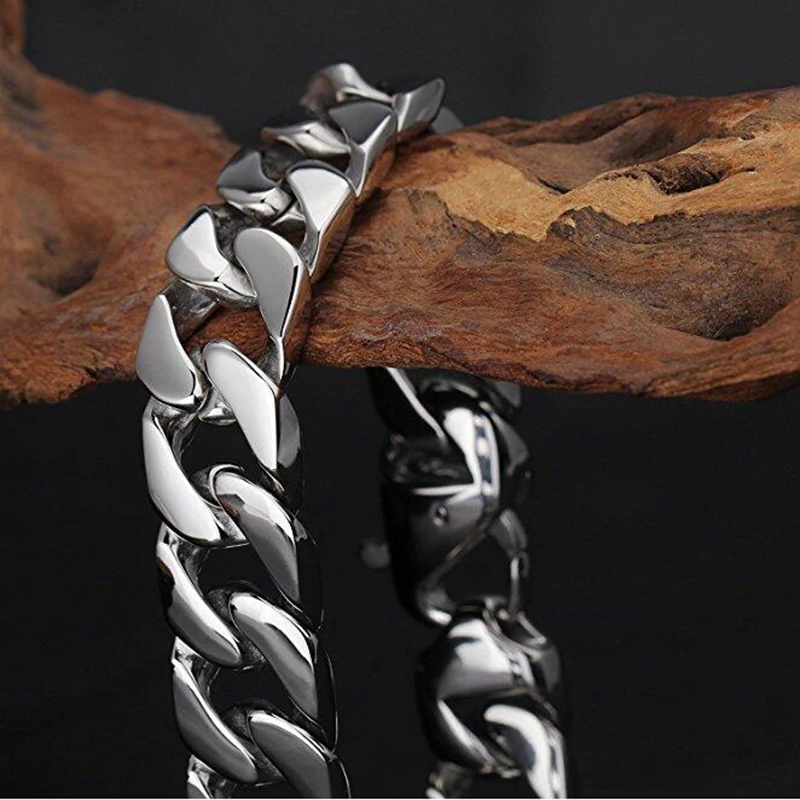 15mm Punk Retro Black Cuban Curb Link Chain Bracelet Men Women Hiphop Gold Color Stainless Steel Round Bike Biker Bangle Jewelry