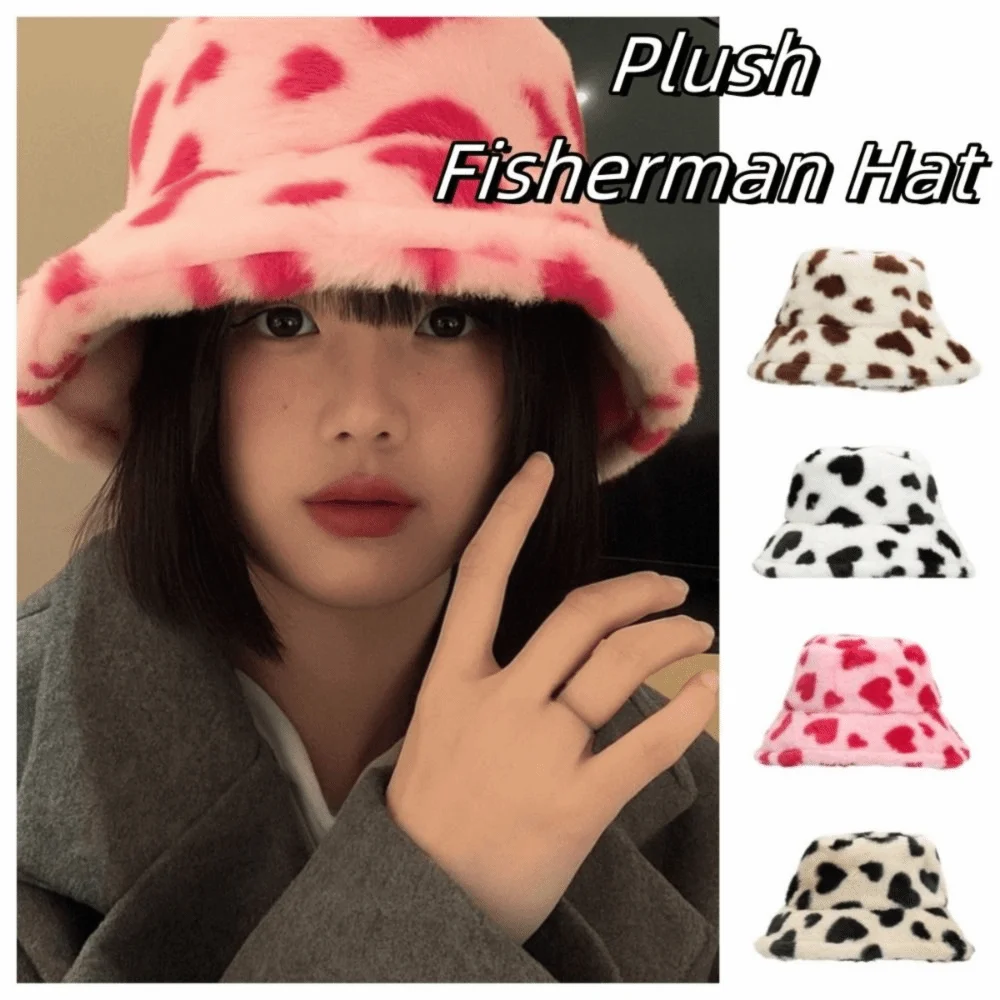 

Fashion Faux Fur Fisherman Hat Fluffy Thicken Love Heart Bucket Hat Warm Wide Brim Winter Hat Autumn