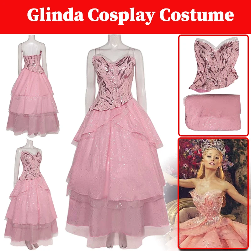 

Glinda Cosplay Yarn Skirt Dress Costume 2024 Movie Wiked Role Play Women Pink Ball Elegant Dress Set Female Halloween Party Suit