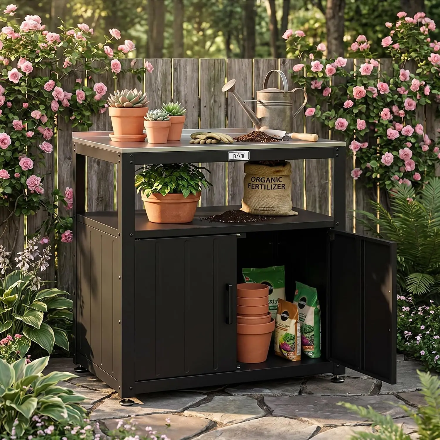 Outdoor Metal Potting Bench and Garden Work Table with Storage Cabinet