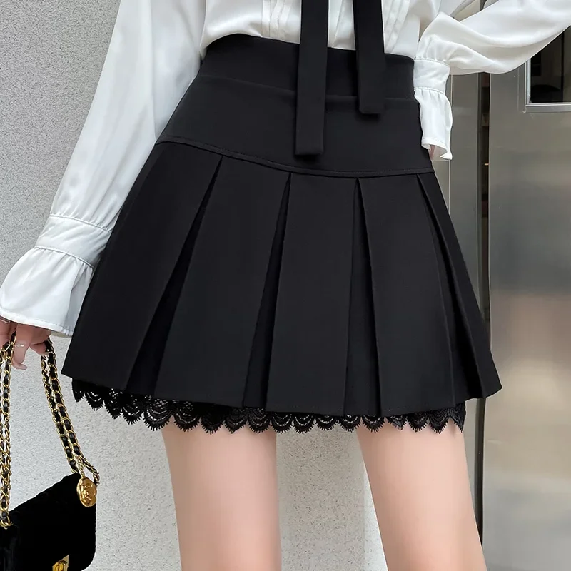 

Woman A-line Short Skirt Black Slim Fit High Waist Pleated Lace Mini Skirt Dress Female Sweet Girl Fashion Spring Summer Clothes