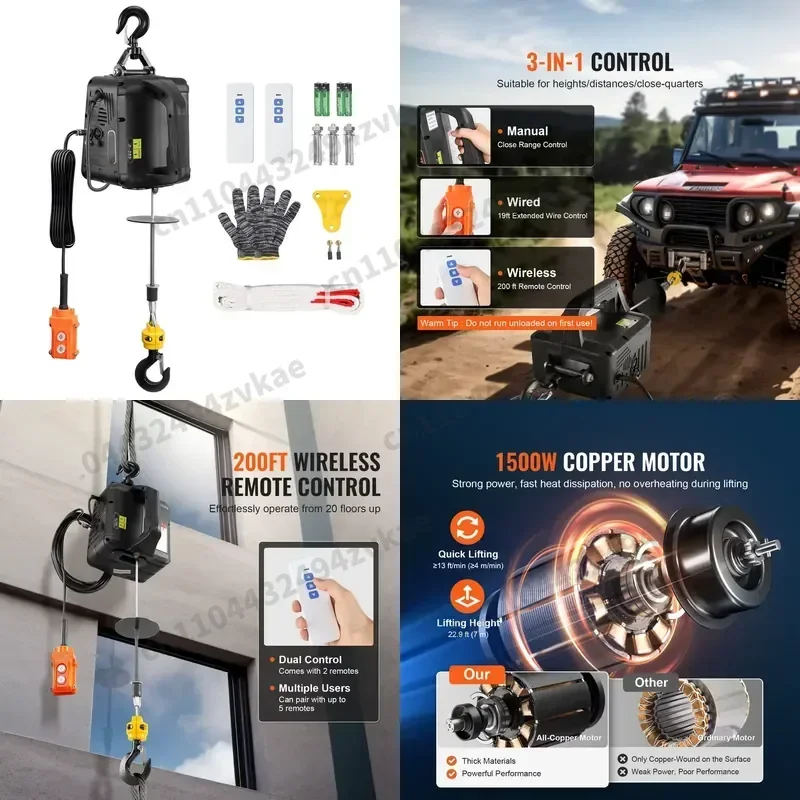 2026 hot sale for SucceBuy 1100lbs 1500W Electric Hoist Winch Portable Power Crane with Wireless Remote Control Overload