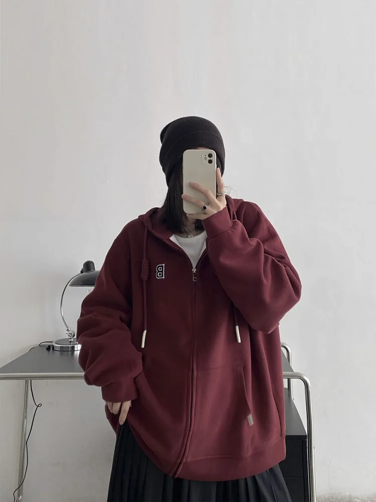 

Casual Vintage Hoodie Women's Autumn Loose Long-sleeved Zipper Fashion Hoodie Solid Color Oversized Clothing