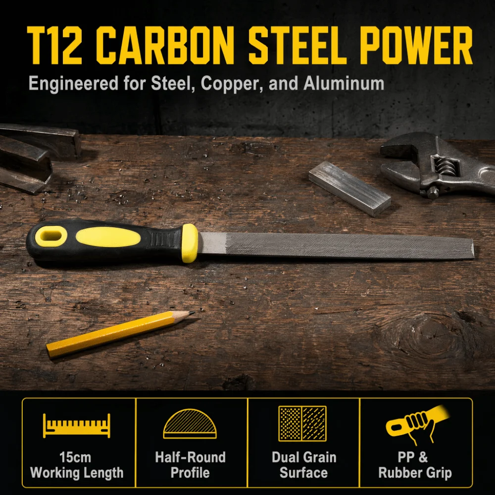 Long Service T12 Steel Metal File Medium Tooth Durable Half Round File Ergonomic Handle Non-Slip Grip Steel File Auto Repair