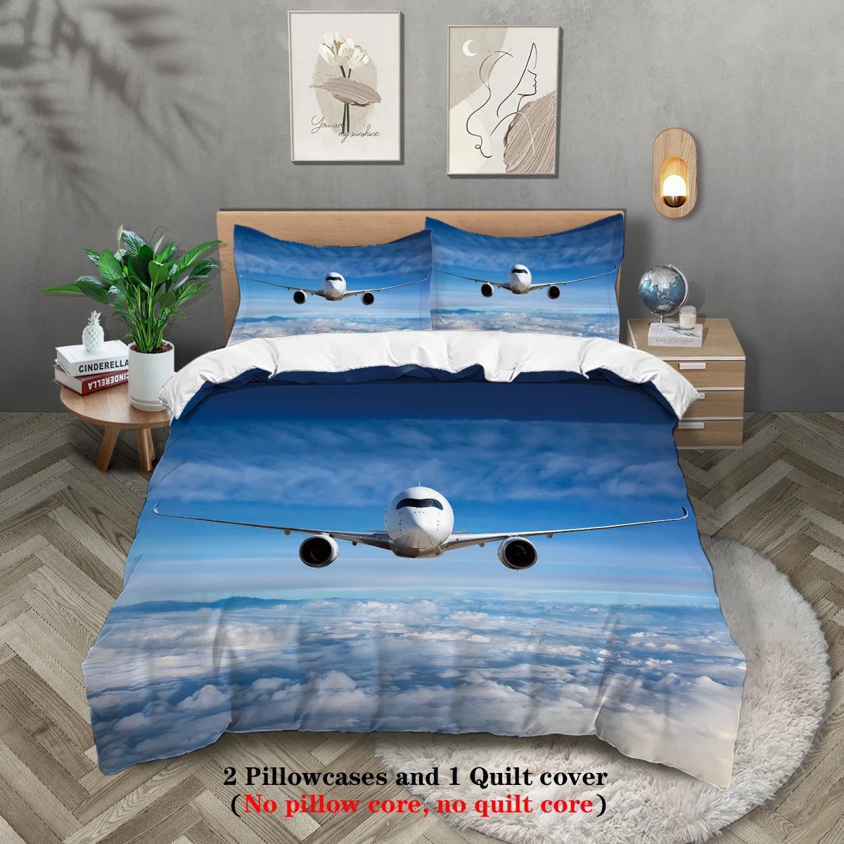 3-piece down duvet cover with blue sky airplane pattern print (1 duvet cover+2 pillowcases, no core) Comfortable bedding set