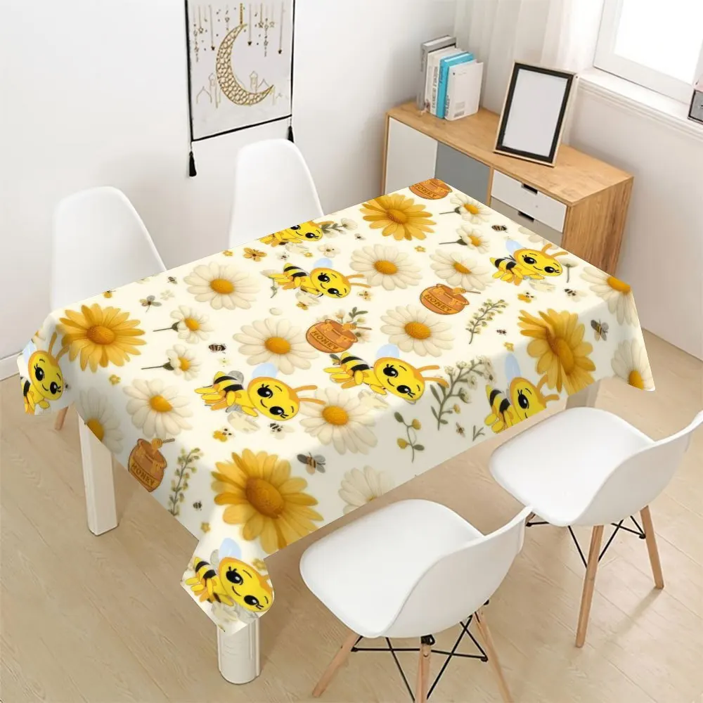Floral Tablecloth, Cartoon Bee Sunflower Honey Pot Pattern Cover,Waterproof Table Cloth for Dining Table,Spring Party Decoration