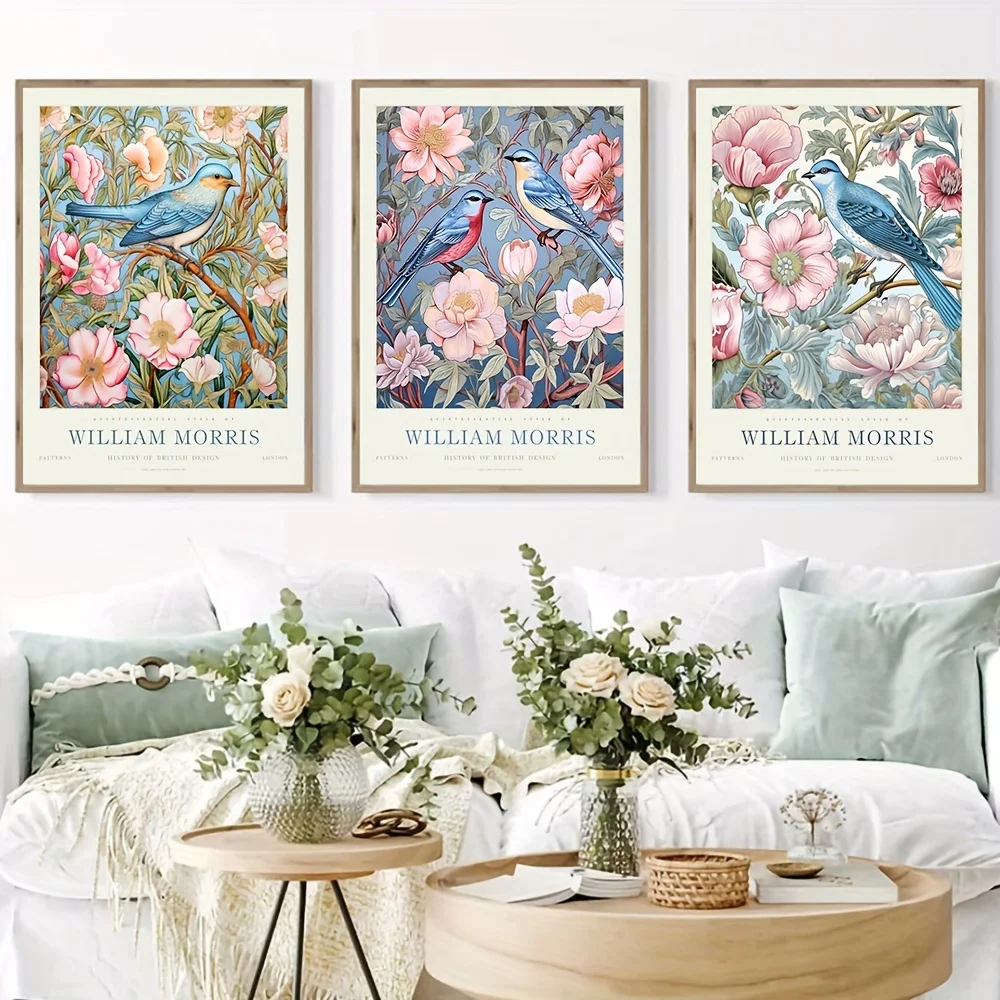 3pcs Frameless William Morris Flower Birds Poster Canvas Painting Floral Wall Art Botanical Vintage Prints Living Room Home Deco