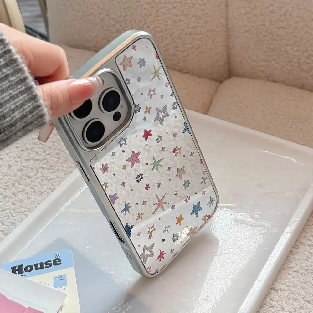 الكورية شاشة كاملة ملونة نجوم مرآة لوضع مساحيق التجميل جراب هاتف آيفون 12 13 14 15 16 17Pro ماكس الهواء PLUSPlating غطاء مقاوم للصدمات #4