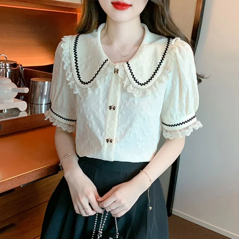 Summer Short Sleeve Doll Collar Women Shirt Office Lady Chiffon Shirt Blouse Women Tops Blusas Mujer De Moda 2024 Verano A278