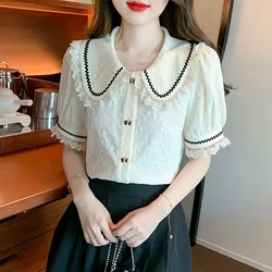 Women's Shirts New Elegant Temperament Doll Collar Splicing Lace Sweet Short Sleeve Age Reducing Fashion Blouse Women Tops A278