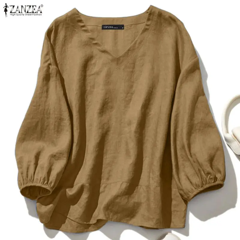 

ZANZEA Fashion Tops Women's Solid Blouse Shirts 3/4 Puff Sleeve V-Neck Casual Loose Elegant Office Lady Blusas Famale Clothing