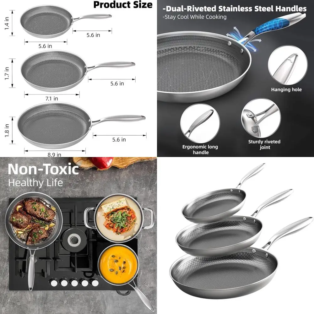 

3-Piece Non-Toxic Stainless Steel Frying Pan Set, 8, 10, 12, Induction Compatible, Oven & Dishwasher Safe, Cool-Handle Chef's Sk