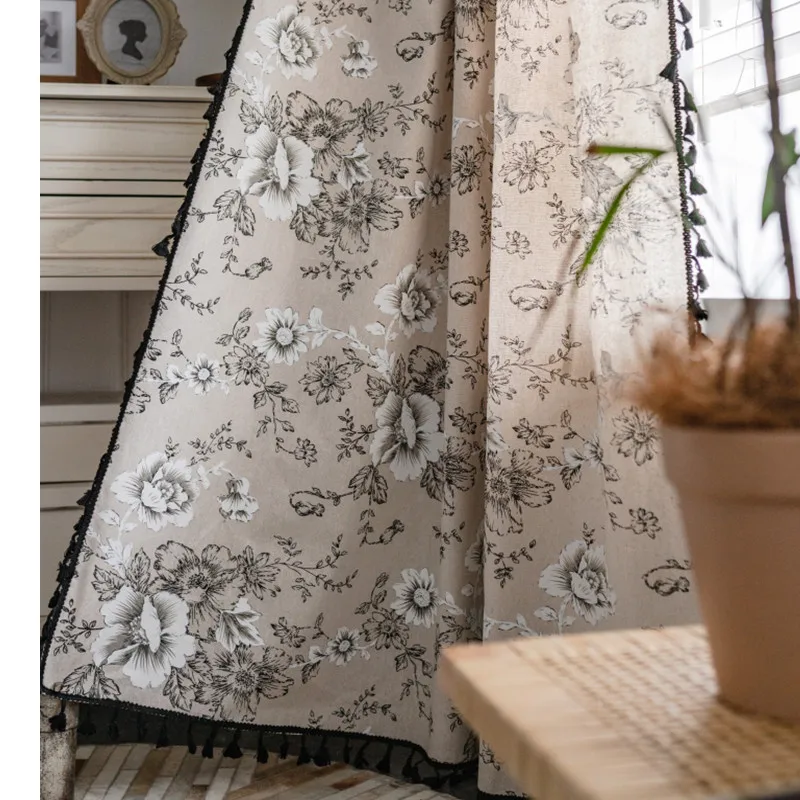 

American Countryside Peony Printing Cotton Linen Home Window Curtain Blackout Drapes Bay Window Curtains for The Living Room