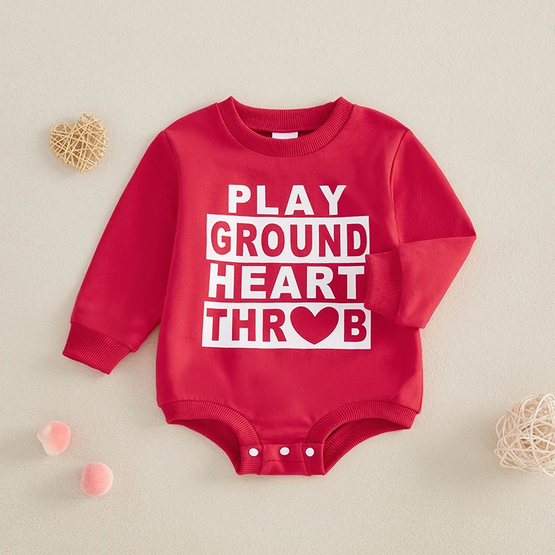 Baby Valentine s Day Romper Letter Heart Print Long Sleeve Crew Neck Bubble Jumpsuit