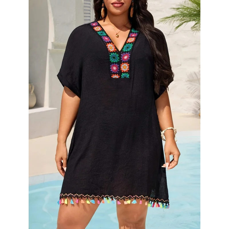 MOXDOWomen's Plus Size Bohemian Crochet Beach Dress, Loose Flowy Vacation Cover-up with Tassels view 3