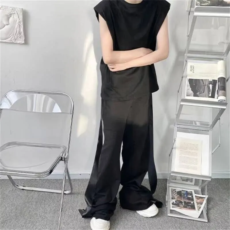 

Ribbon And Men's Black New White Decoration Spring/Summer Men's Loose Casual Wide-Leg Pants Youth Frilled Sports Pants