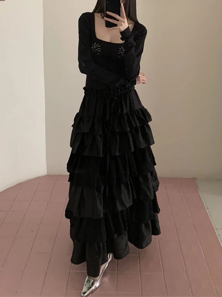 Roriri retro ponto em camadas plissado bolo vestido feminino diamante colher pescoço mangas compridas magro vestido longo coreano outono inverno roupas