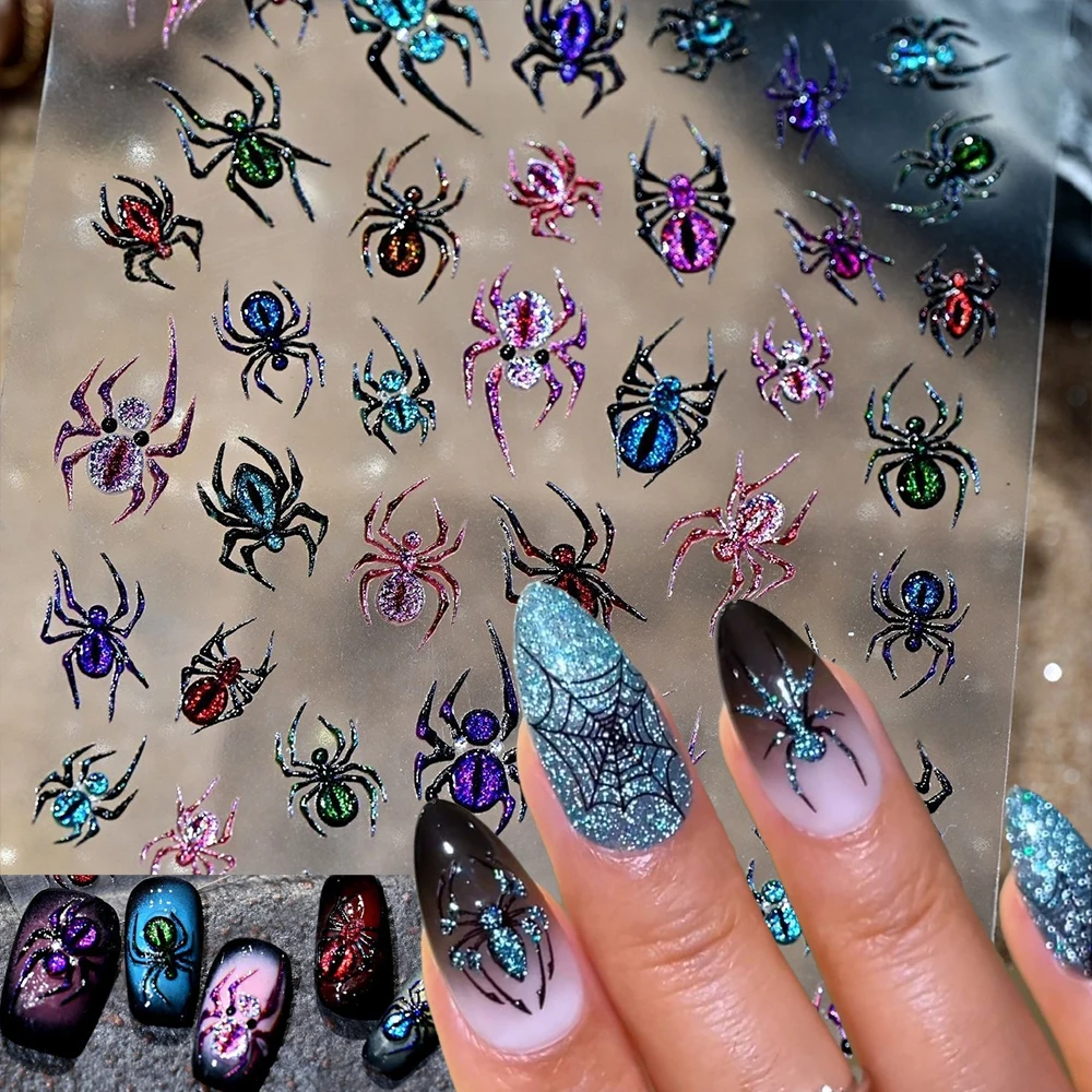 1Pcs Colorful Gothic Spider Nail Sticker 5D Blue/Pink/Purple Glitter Spiders Self-Adhesive Nail Decals Y2k Punk Manicure Slider#