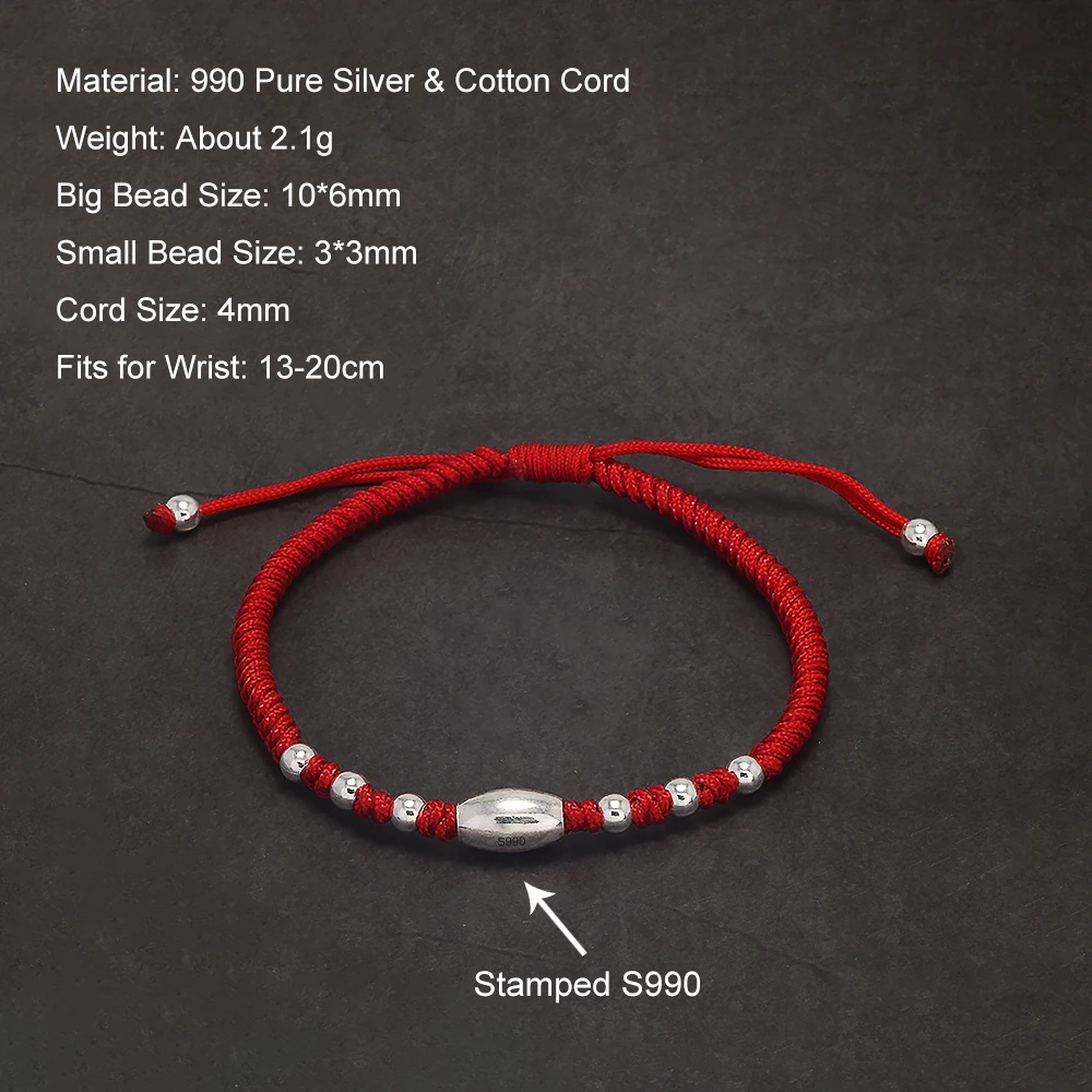 4mm Handmade Braided Rope Black Red Lucky Charm Bracelet with 990 Pure Silver Beads Adjustable Wristbands Men Women Fine Jewelry