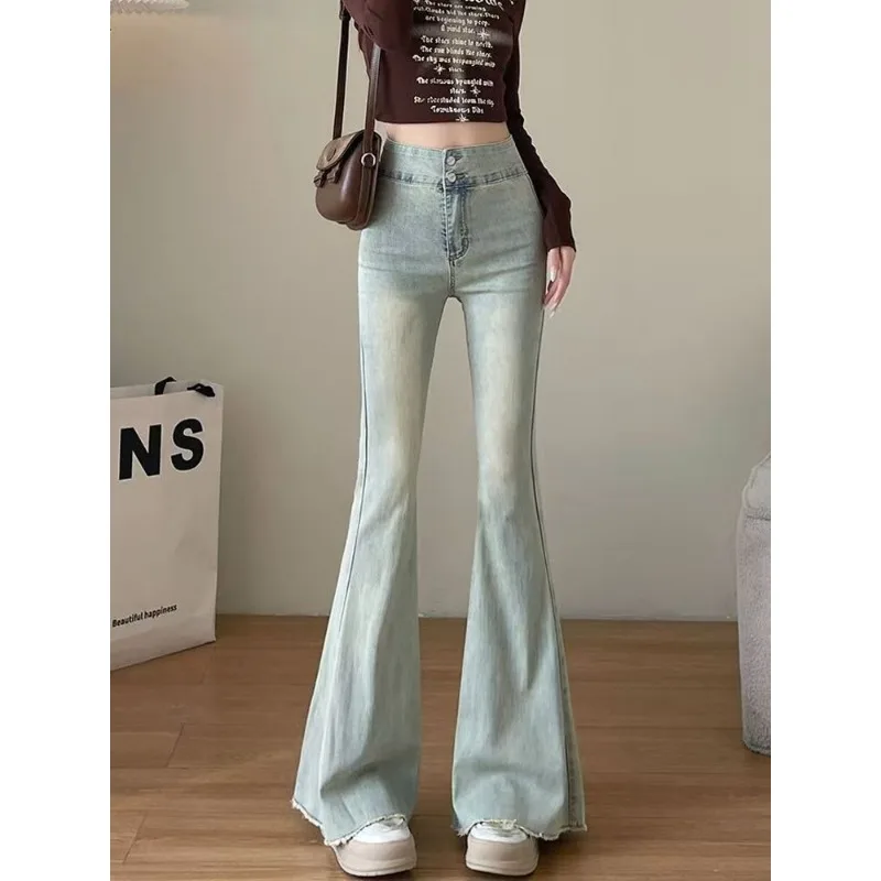 Womens Dirty Yellow Mermaid Flare Jeans Vintage Washed Raw Edge Hem Slim Tight Bell Bottom Long Trousers Hot Girl Fashion