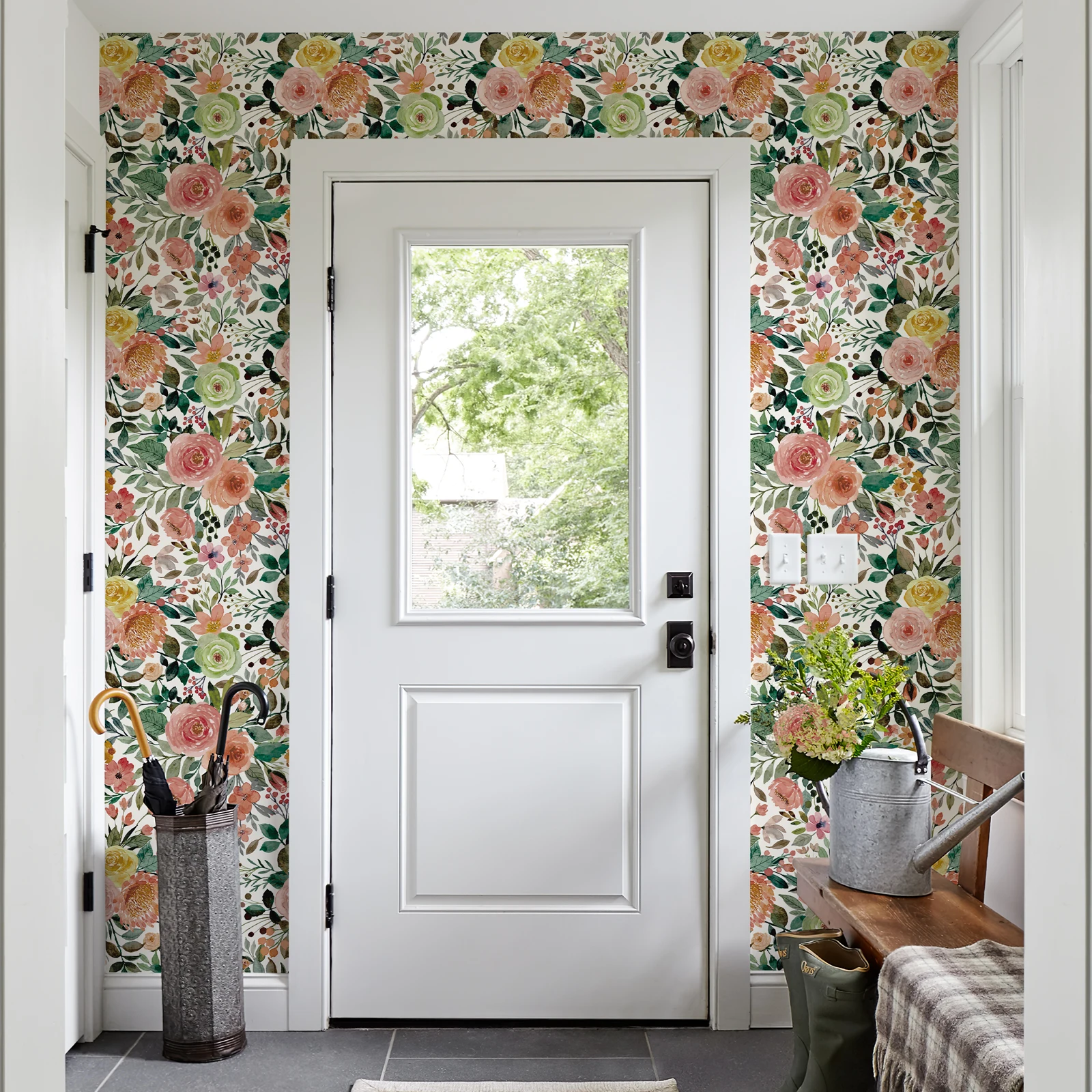 Pink Floral Peel And Stick Wallpaper Classic Green Leaves Watercolor Home Wall Decor Waterproof Flower Furniture Cabinet sticker