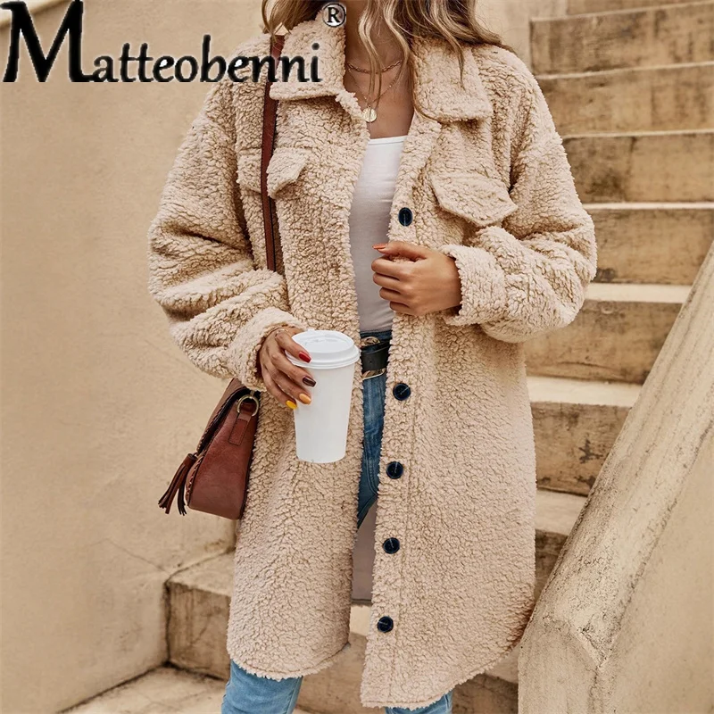 

2025 зимнее женское модное повседневное однотонное пальто, однобортное плюшевое пальто, свободное длинное пальто, женское винтажное длинное пальто большого размера