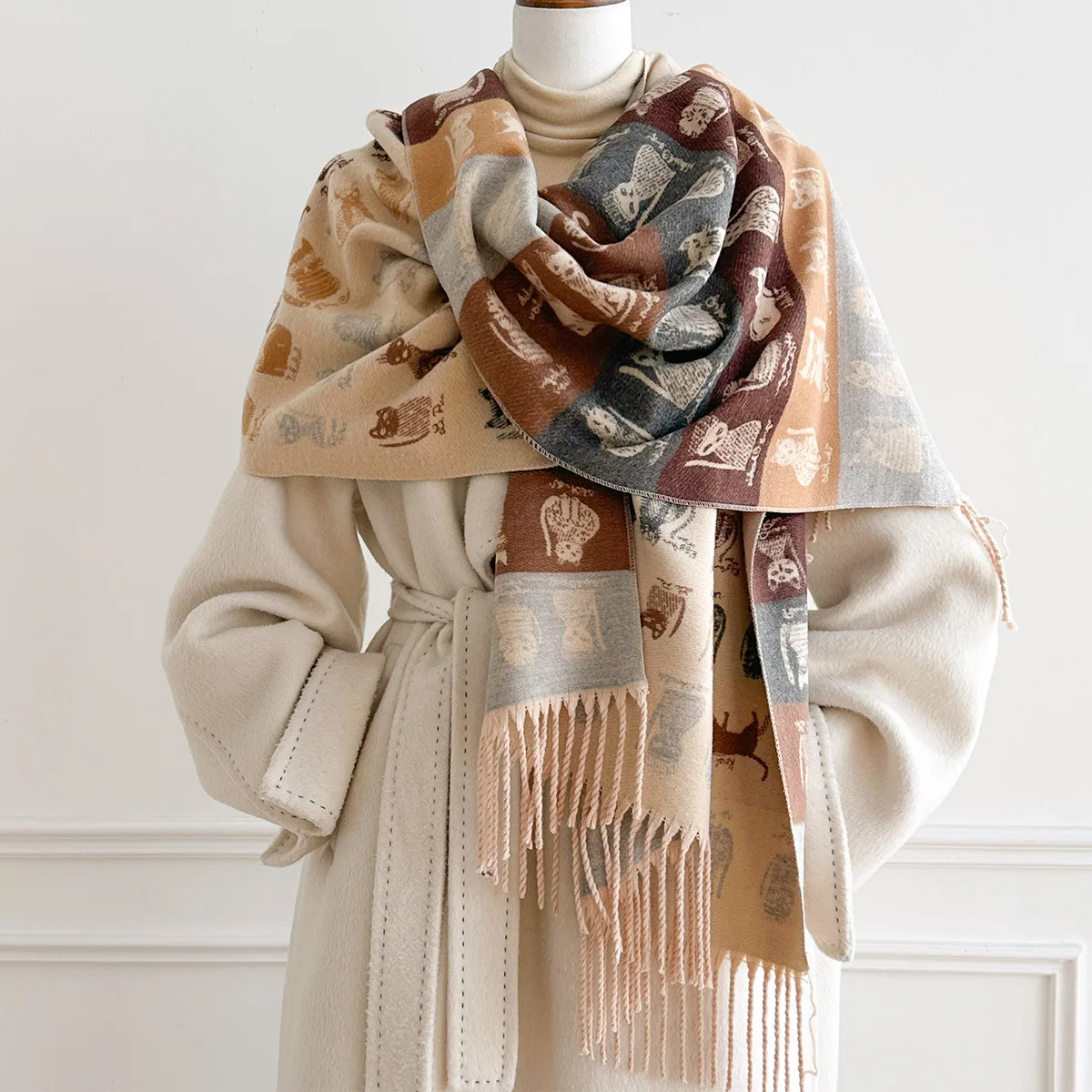 Premium Faux Cashmere Scarf Women Beige Lovely Hand Drawn Cat Character Motif Thick Cozy Warm Fringe Large Wrap Shawl