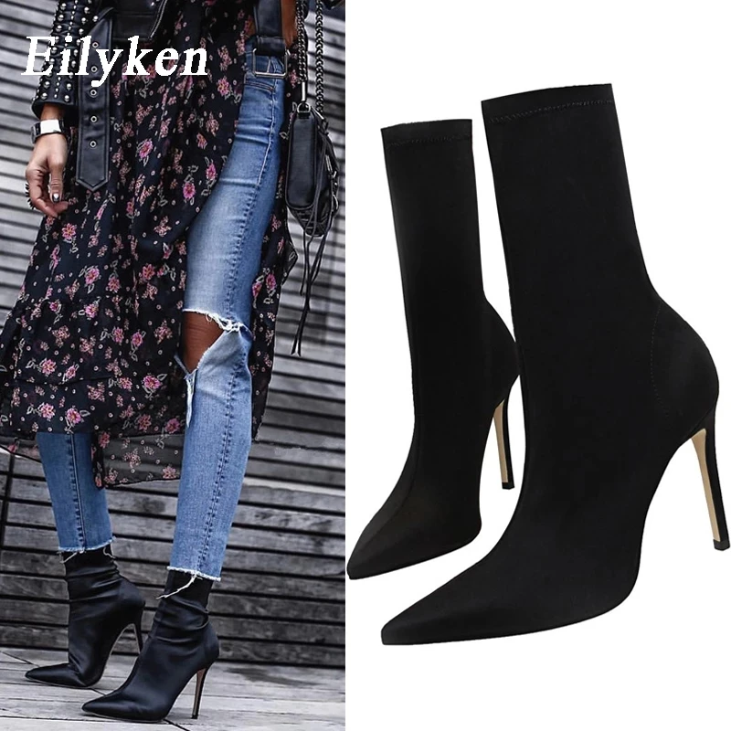 Eilyken calzini in tessuto elasticizzato moda invernale stivaletti donna scarpe a punta tacchi sottili scarpe Slip-On décolleté femminili