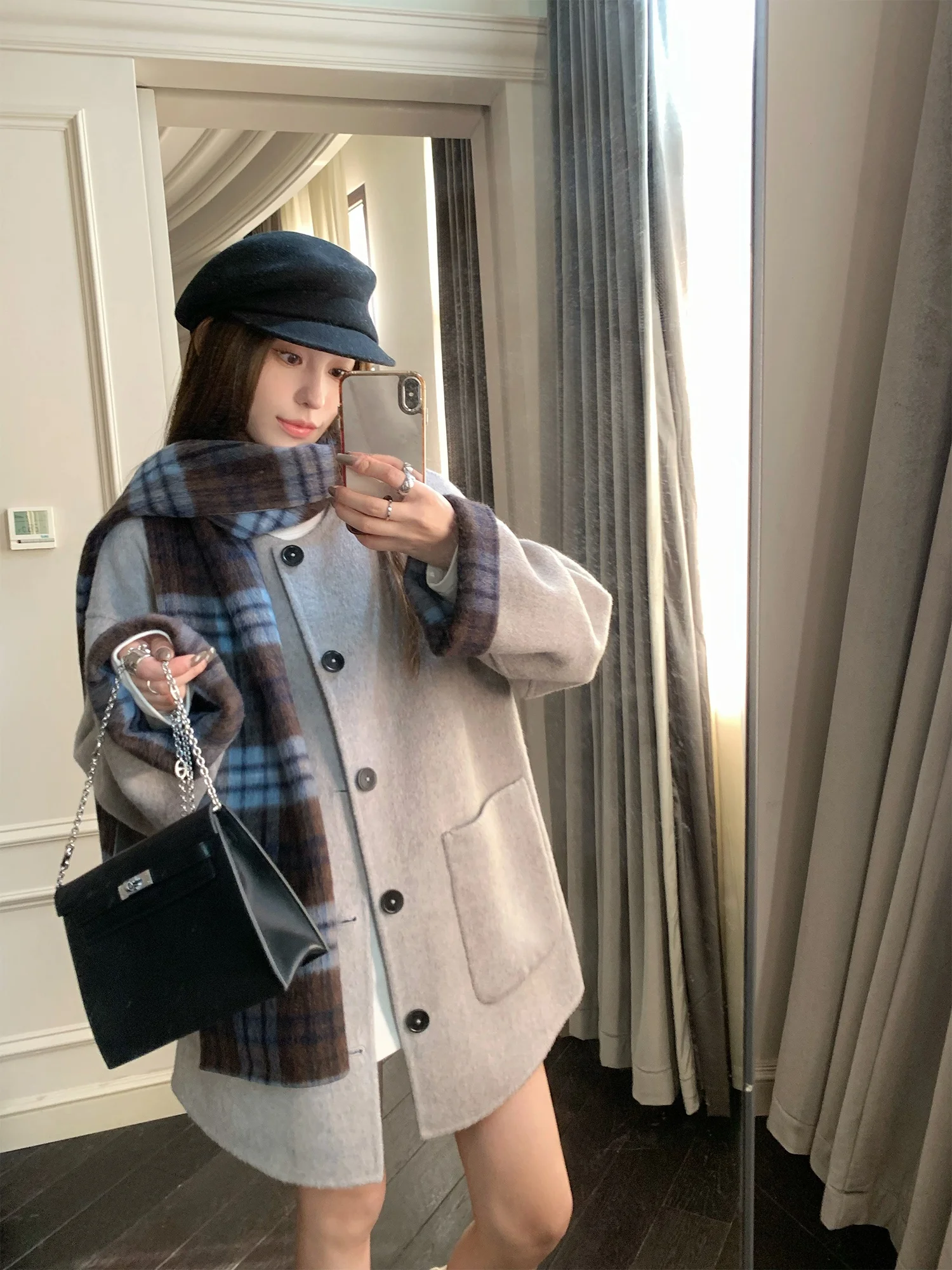 

Hhyii Luxembourg Girl Double-Sided Plaid Scarf Coat Women's Autumn Winter High-End Feeling Medium-Length Woolen Jacket