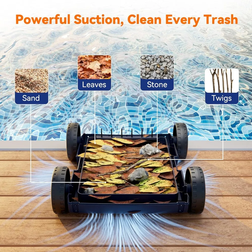 Wireless robotic pool cleaner for flat swimming pools up to 2000 square feet, automatic parking, dual brushless motors