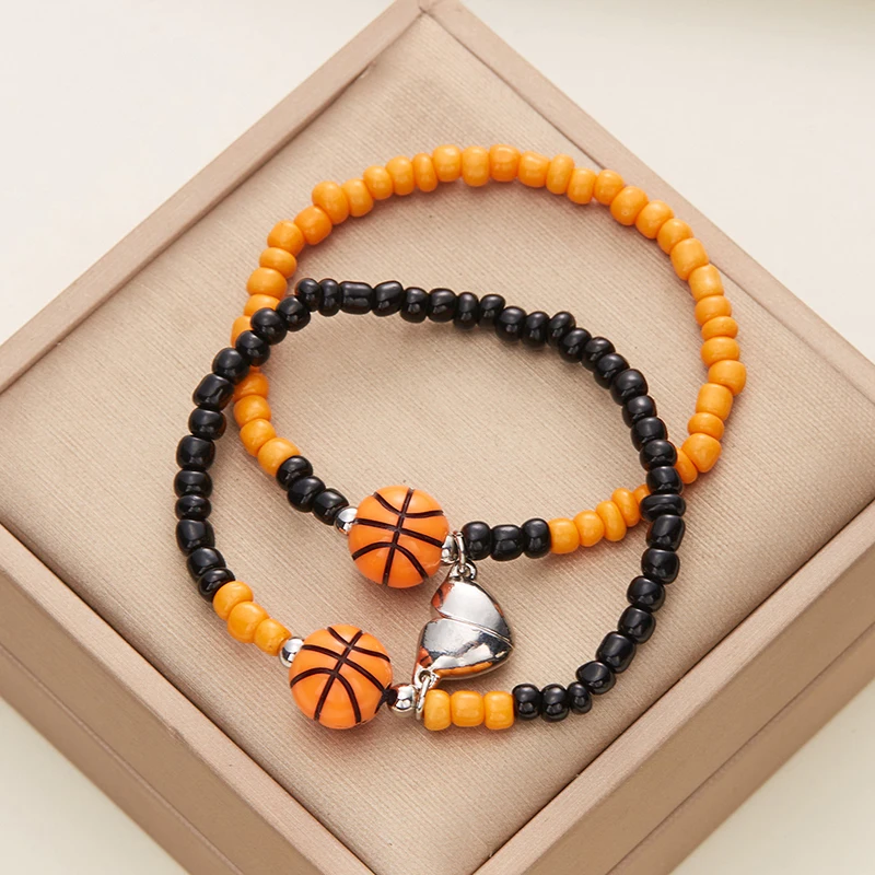 2Pcs/Set Heart Magnetic Basketball Tennis Ball Sports Couple For Women Men Braided Bracelets Bead String Bracelet Jewelry