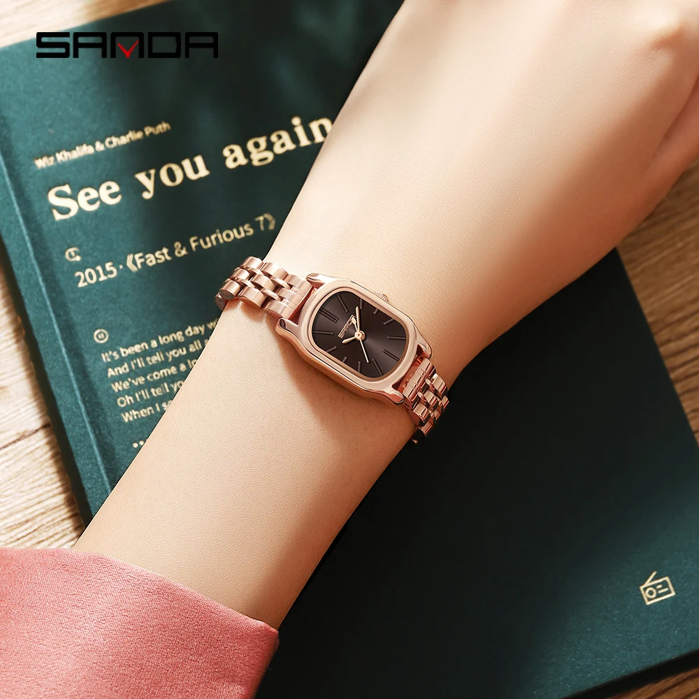 SANDA Genuine Watch New Womens Quartz Watch Casual Fashion Rose Gold Case Womens Watches Maroon Leather Strap Waterproof P1104