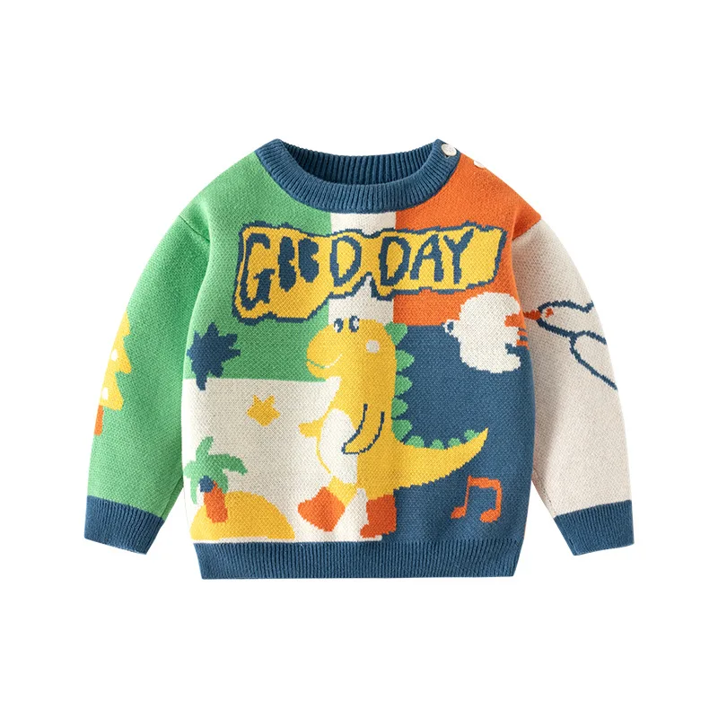 Spring Autumn Children Girls Pullover Knitted Dinosaur Patchwork Baby Girls Sweater Outdoors Moven Cotton Little Girls Knitwear