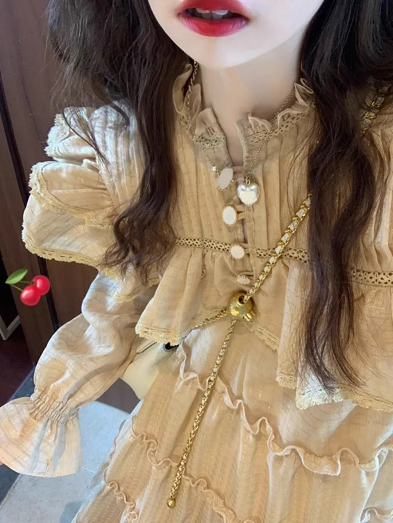 French Gentle Dresses Solid O-Neck Flounce Lantern Long Sleeves Dress Sweet Age Reducing Loose Midlength Dress Women Clothing