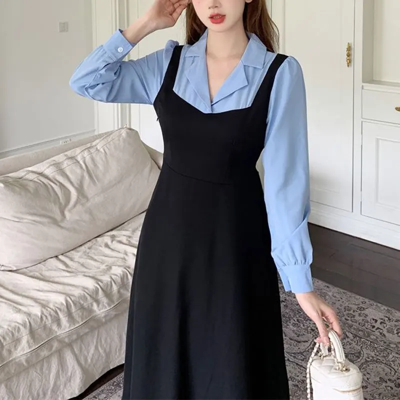 

Commute Patchwork Midi Dress Women's Clothing Fake Two Pieces Spring Autumn Basic A-Line Waist Stylish Tailored Collar Dresses