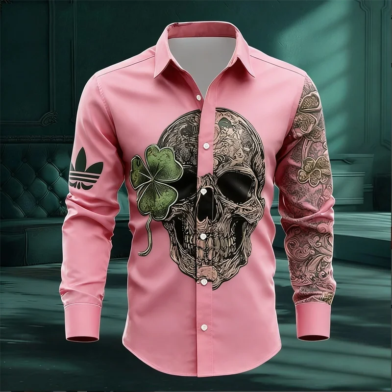 Skeleton pattern men's long sleeved shirt, casual and comfortable, fashionable and trendy, street outdoor, soft fabric