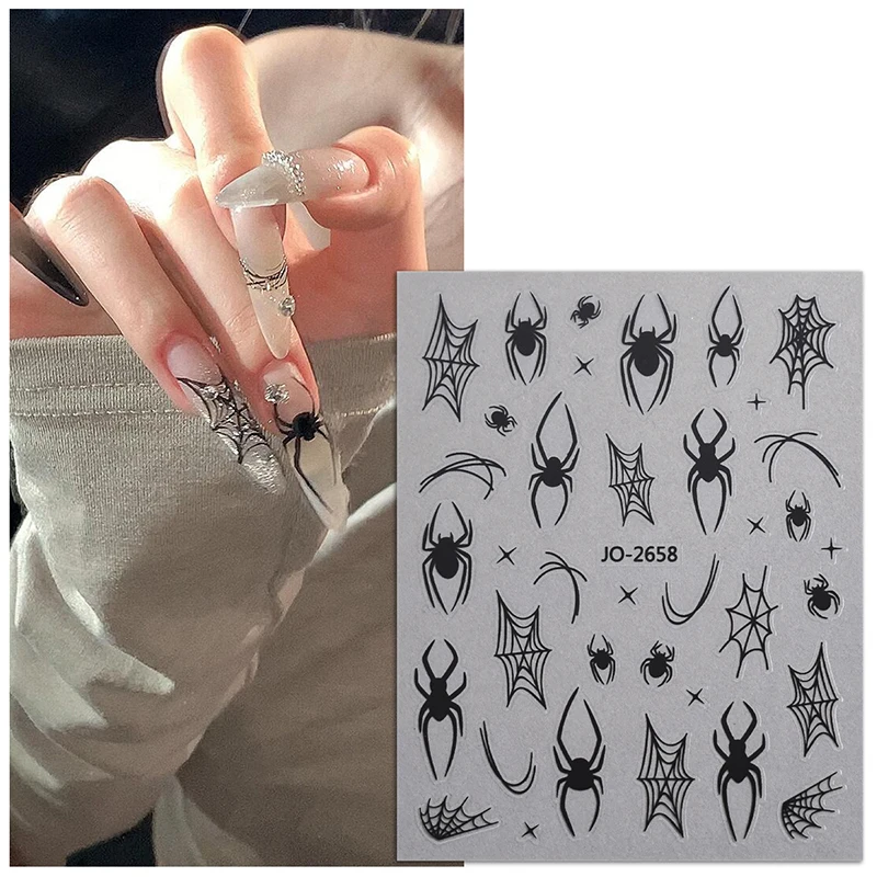 Black Red Spider Halloween Nail Art Stickers Heart Spider Webs Designs Self-Adhesive Slider For Manicure Decoration Sticker