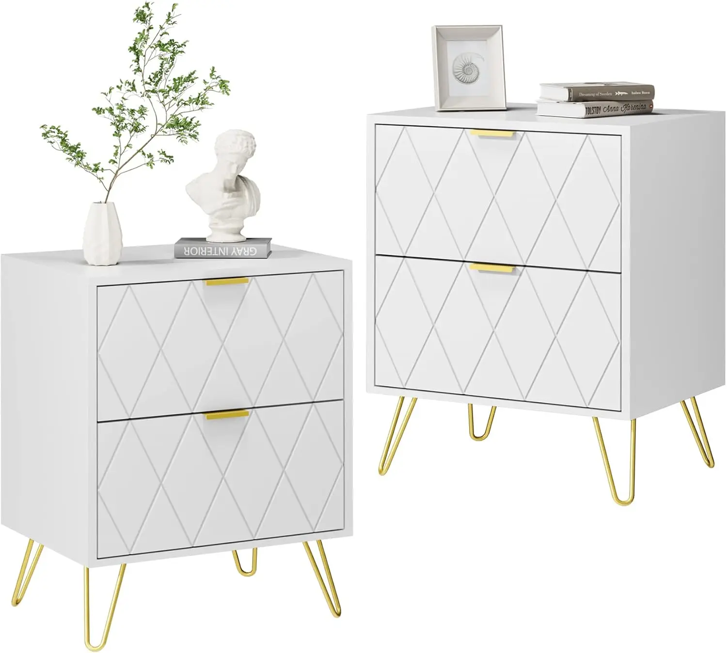 Anbuy White Nightstand Set Of 2, End Side Table Double, Bedside Table With 2 Drawers, Dual Night Stand Metal Gold Legs For