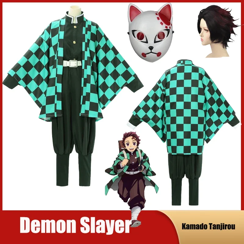 Tanjirou Kamado Cosplay Custume Anime Demon Slayer Kimetsu No Yaiba Clothes For Adult Kid Uniform Set Party Gift Wig Mask Kimono