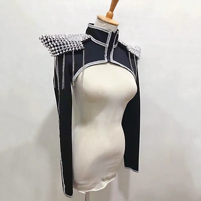 

Black Red Rivet Fringe Armor Shoulder Pads Vest Women Jazz Dance Tops Team Performance Costume Party Show Festival Clothing