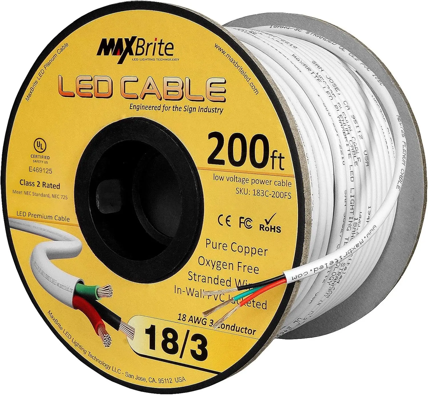 كابل LED منخفض الجهد ، 3 موصلات ، كم أبيض ، سلك مكبر صوت في الجدار