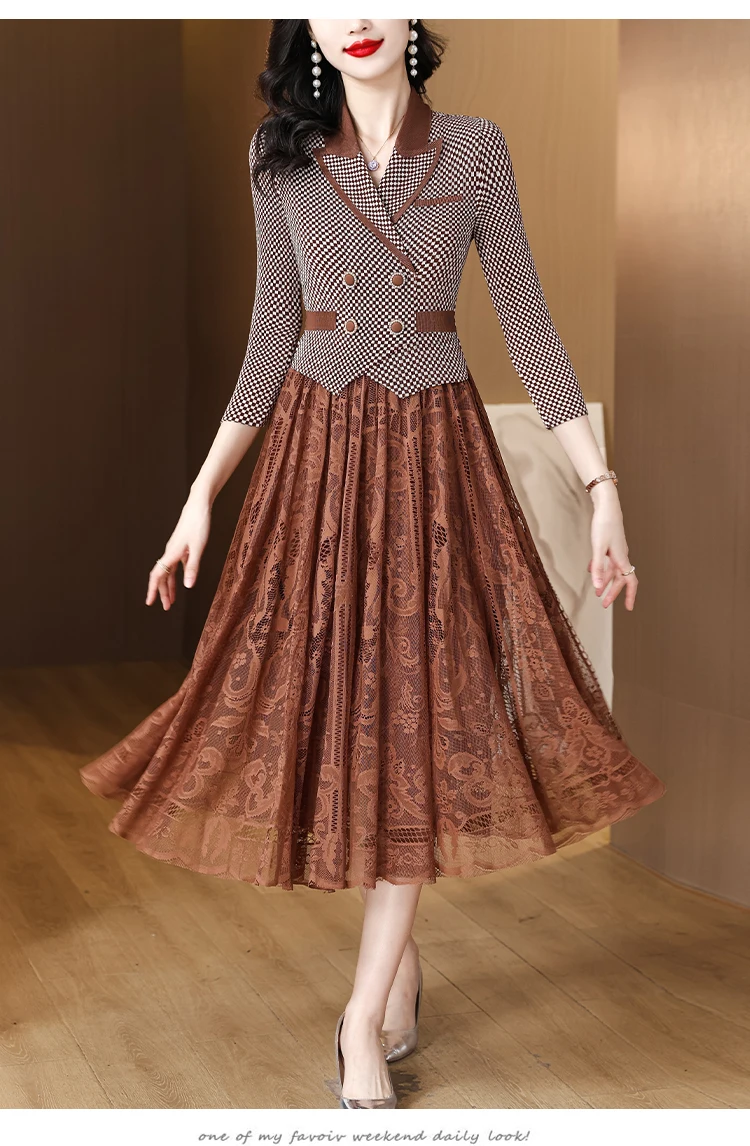 AIMEILI Printed Pleated Belt Dress for Women V-neck Long Sleeves Fashion Split Color Block Dresses Summer New Elegant Dress