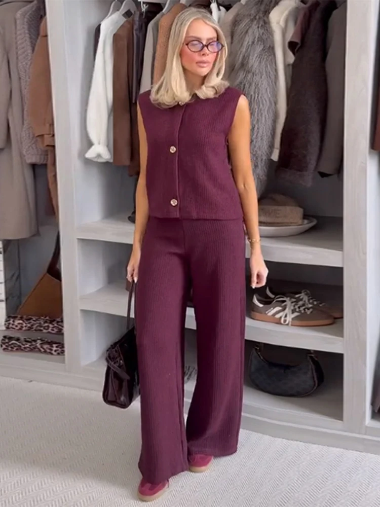 Frauen 2-teiliges gestricktes ärmelloses Hosen-Set, elegantes O-Ausschnitt-Knopf-Weste-Top, hohe Taille, weites Bein, Hose, Sommer-Damenanzug
