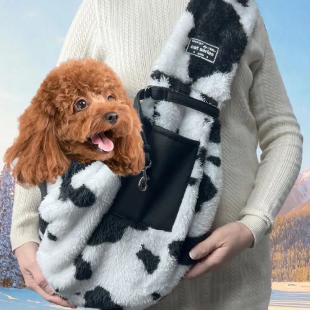 حقيبة حمل الحيوانات الأليفة المحمولة، حقيبة دافئة بنمط البقرة للحيوانات الأليفة في الهواء الطلق، حقيبة كتف مريحة للقطط والكلاب