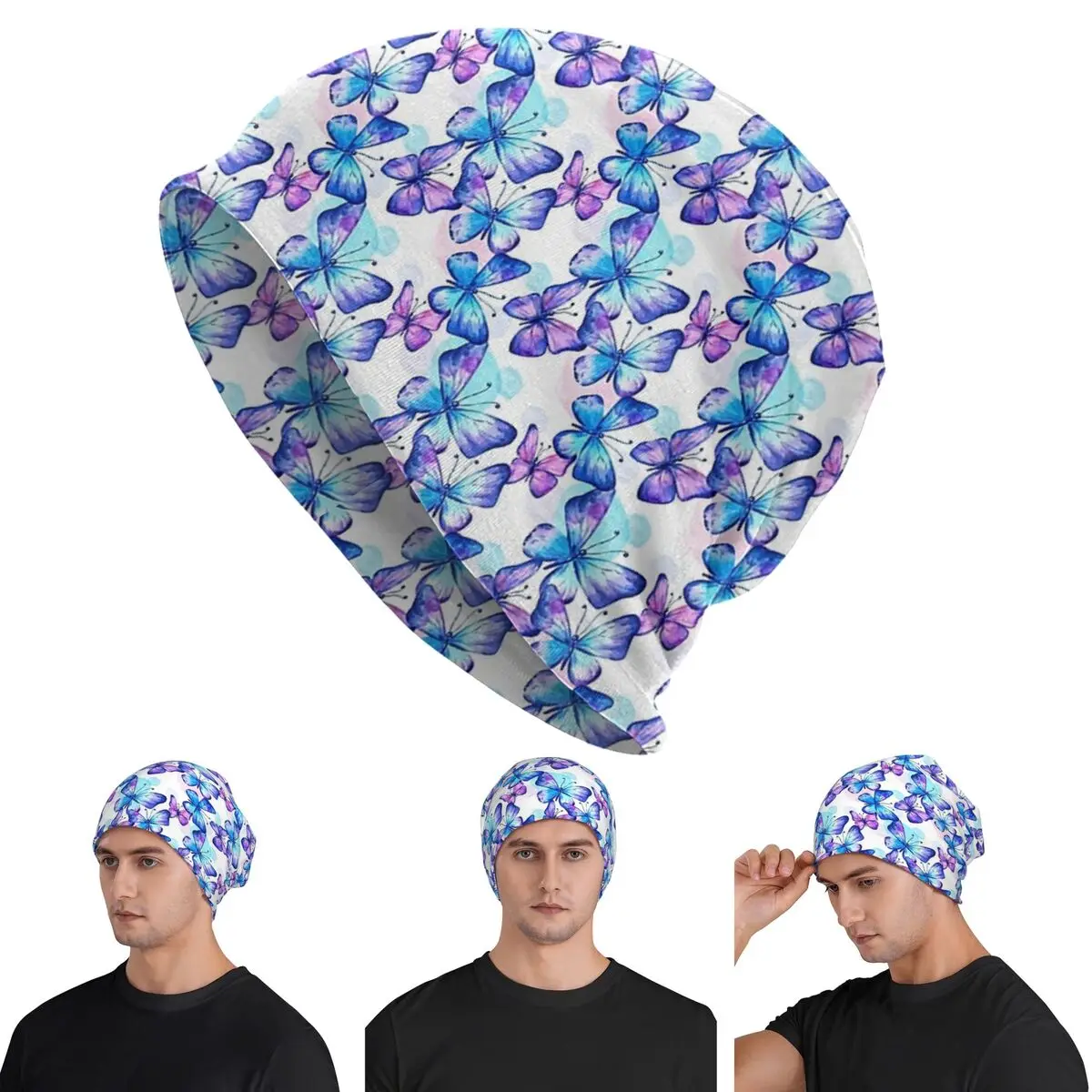 

Butterflies In Blue Watercolors Skullies Beanies Hats Warm Autumn Winter Outdoor Cap Knitted Bonnet Caps for Unisex Adult