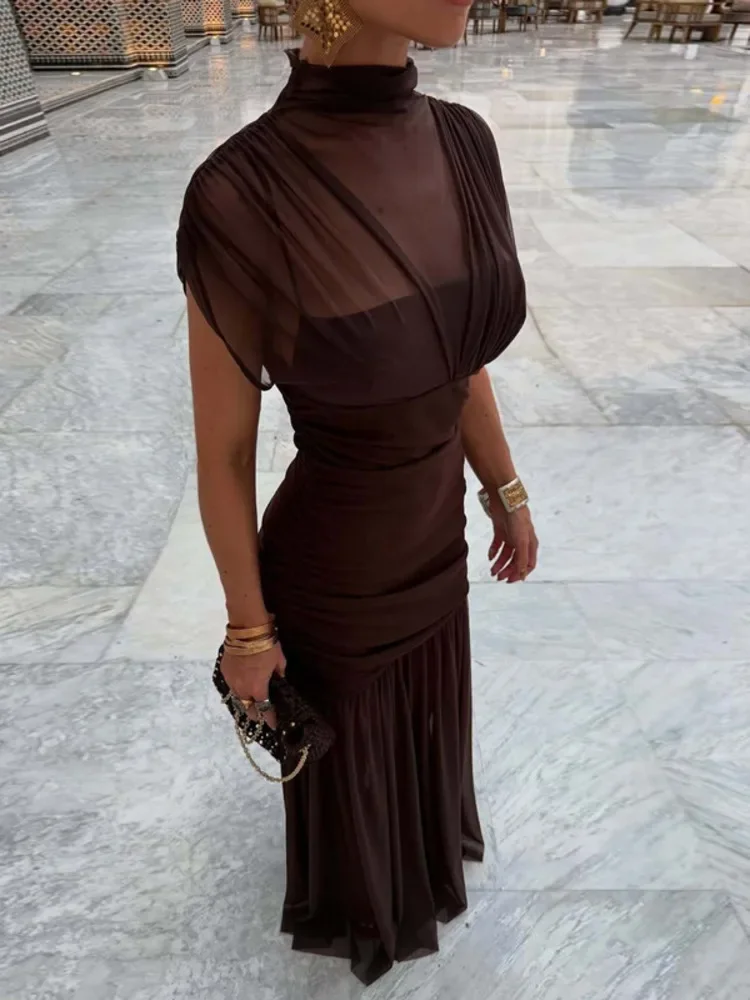 XIAOTANG Mesh Sleeveless Sexy Maxi Dress Women Gown Elegant Half High Collar High Waist Bodycon Ruched Club Party Long Dresses