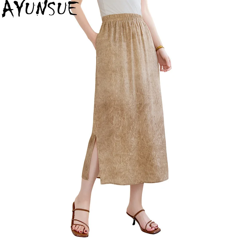 AYUNSUE 54.5% Mulberry Silk and Linen Blended Long Skirts Chinese Style Slit Skirts for Women Summer Ladies Skirts 2026 New Юбка